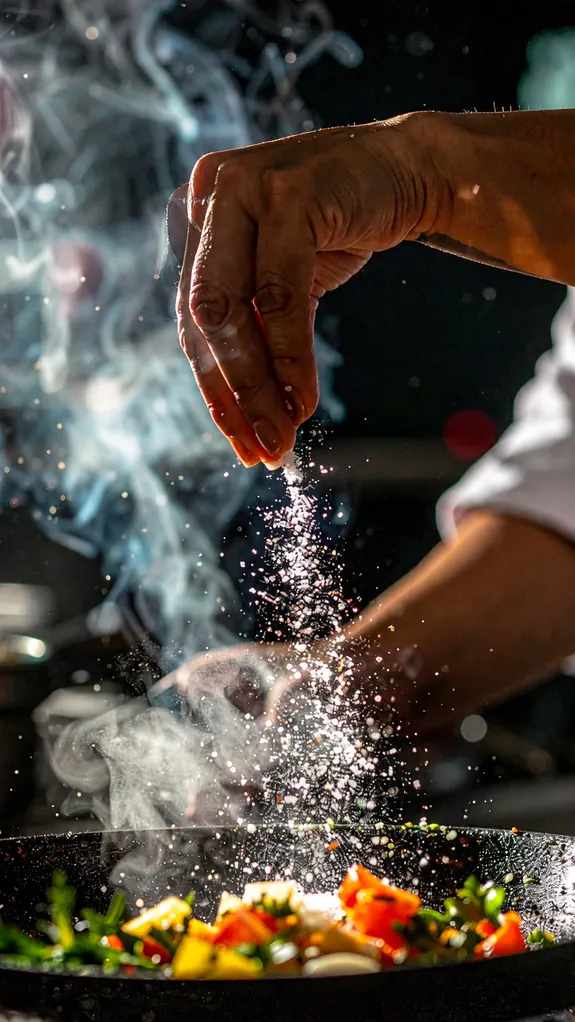 Mão salpicando sal durante a preparação de alimento na frigideira